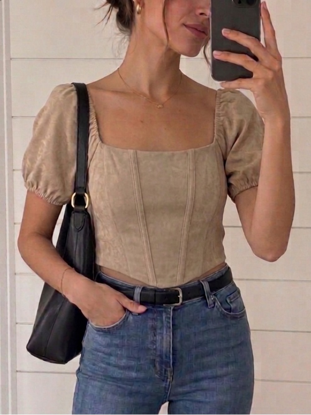 Kirious | NWT tan beige sweetheart neck cropped corset top puffed short sleeves